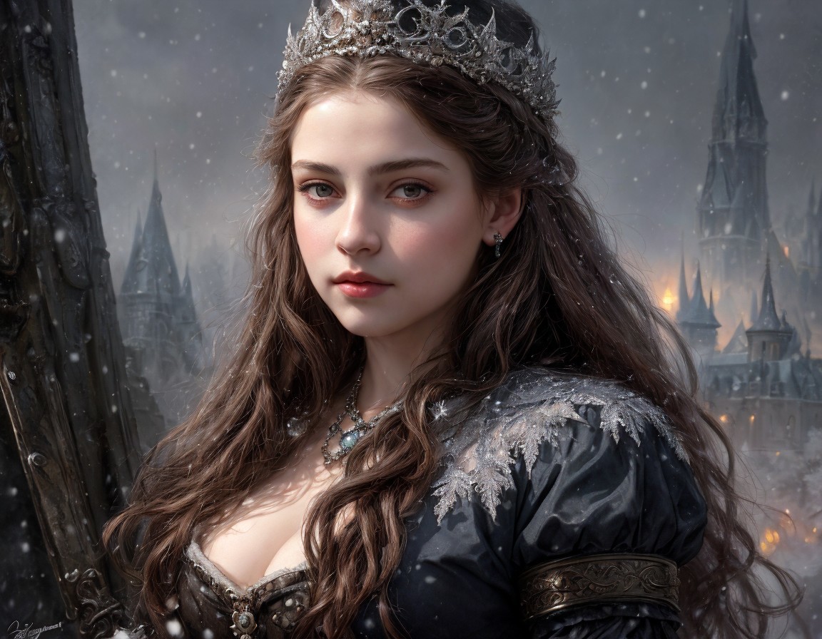 Regal woman in crown and gown against snowy medieval backdrop