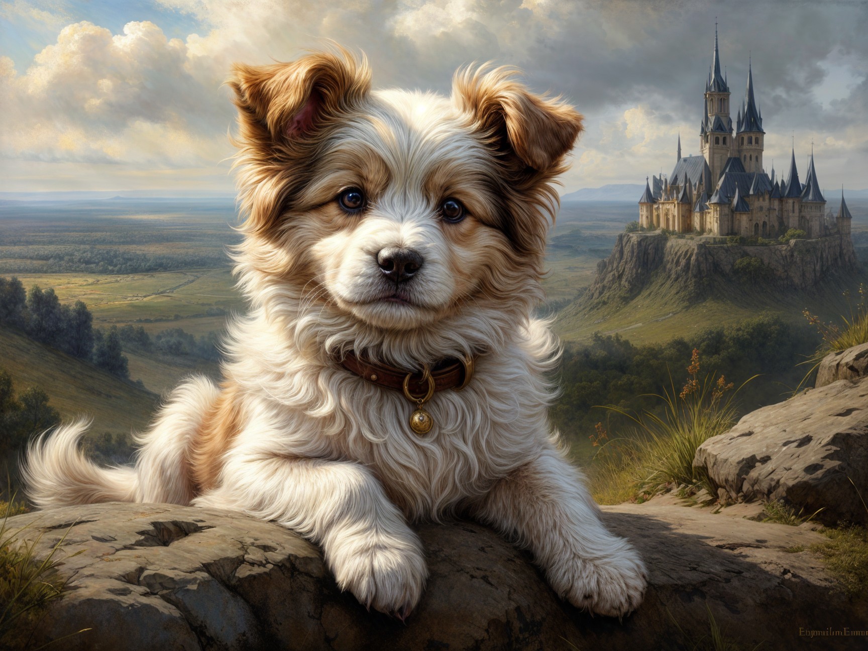 Fluffy Puppy on Rocky Outcrop with Castle Background
