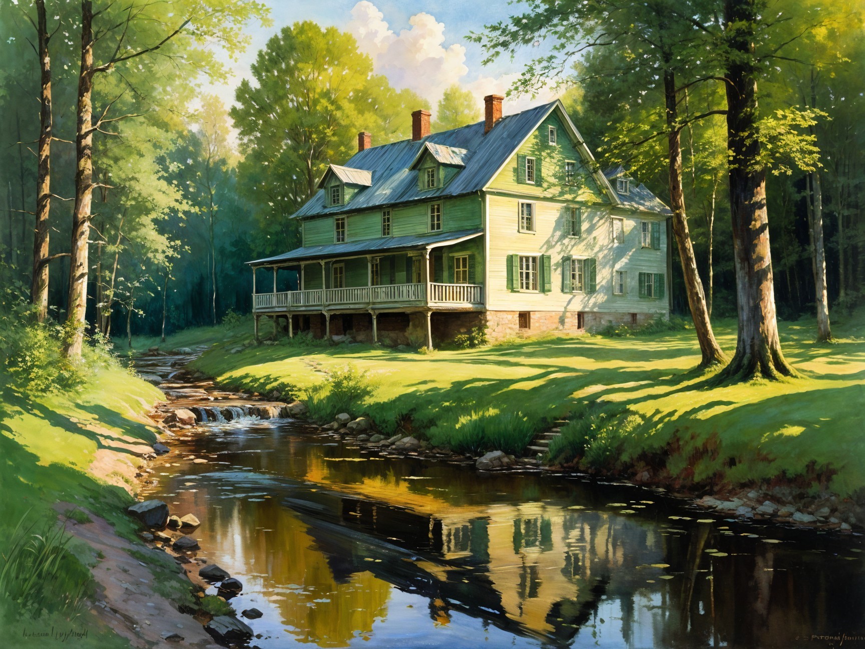 Serene countryside scene with green cottage and stream