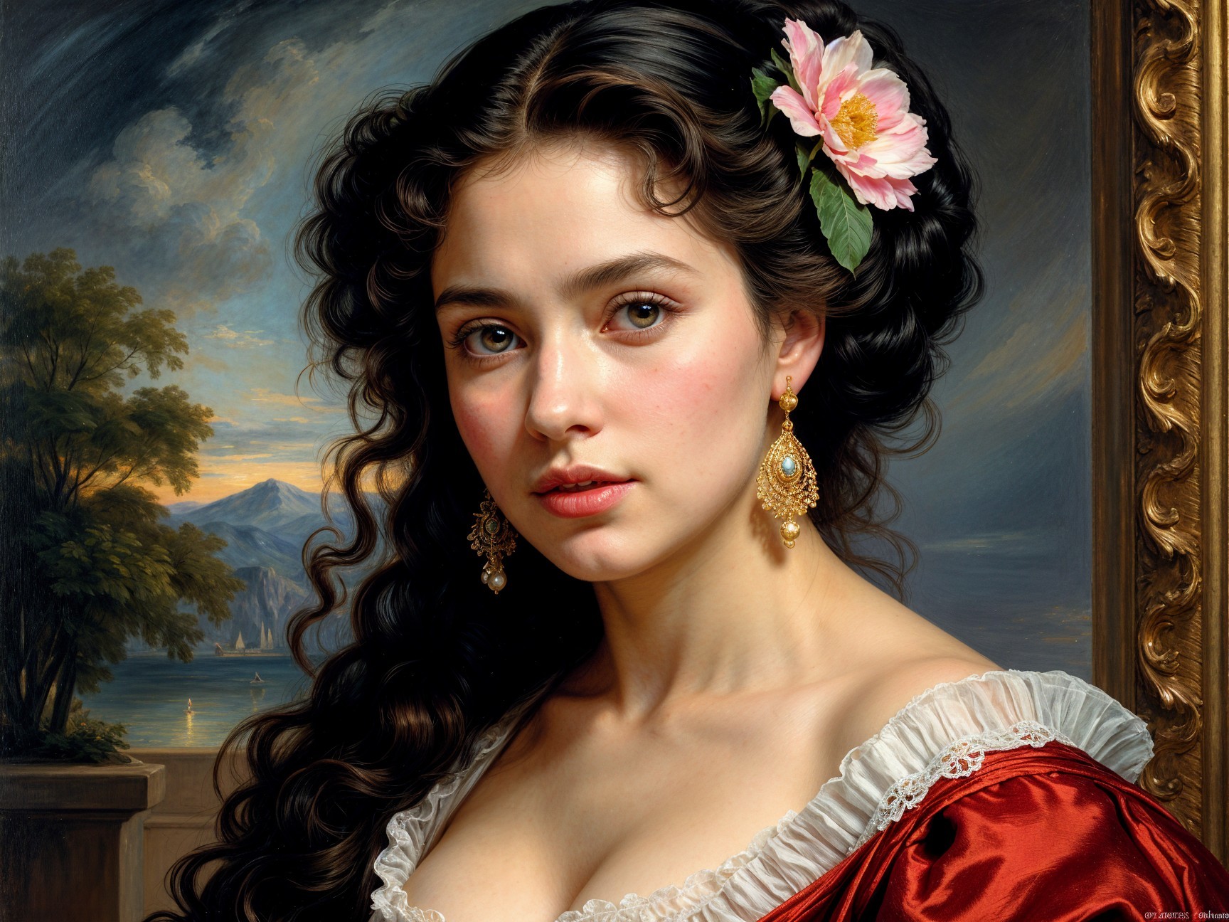 Portrait of a Young Woman in a Red Gown with Nature