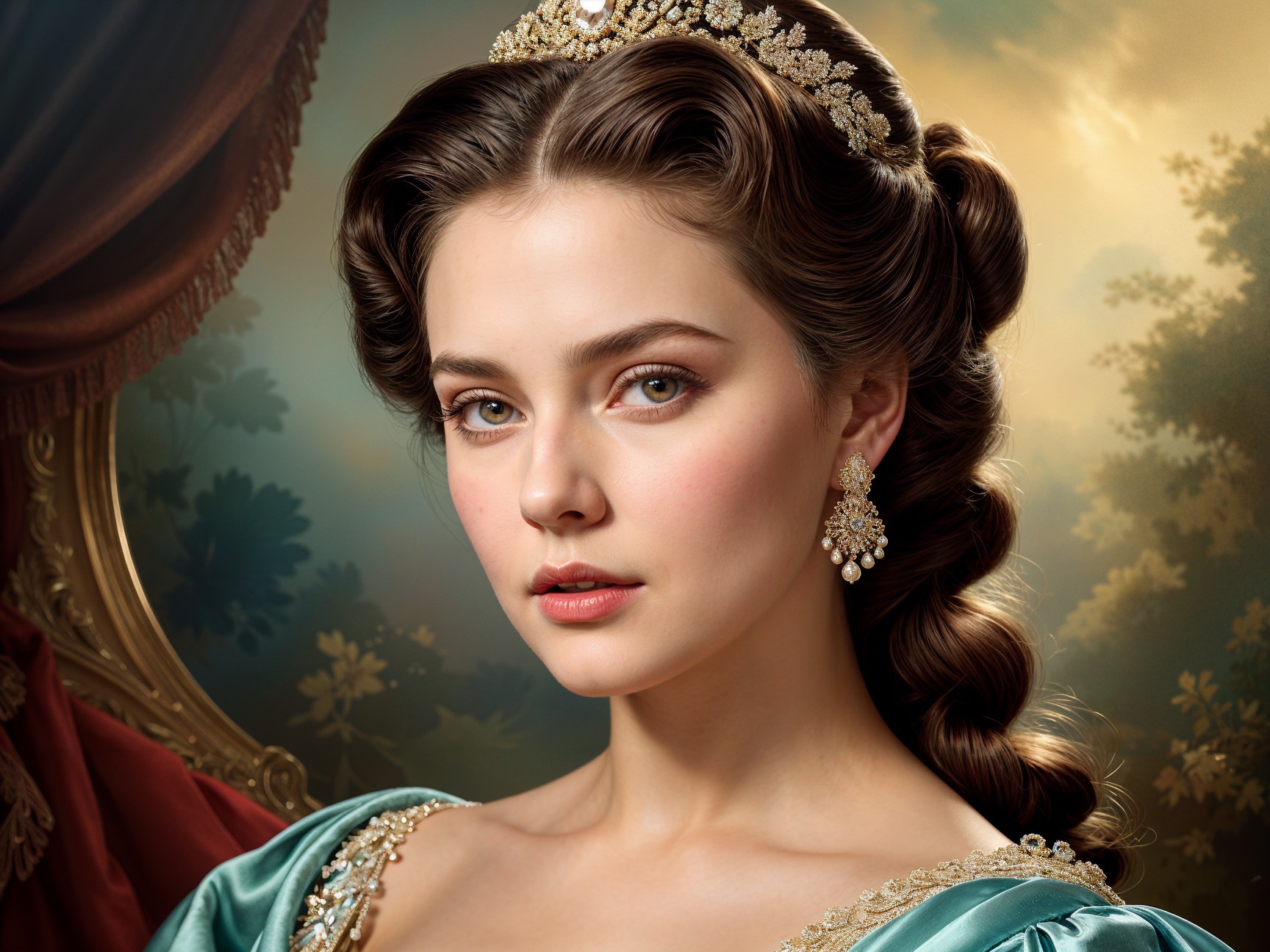 Young woman in teal gown with tiara in dreamy setting