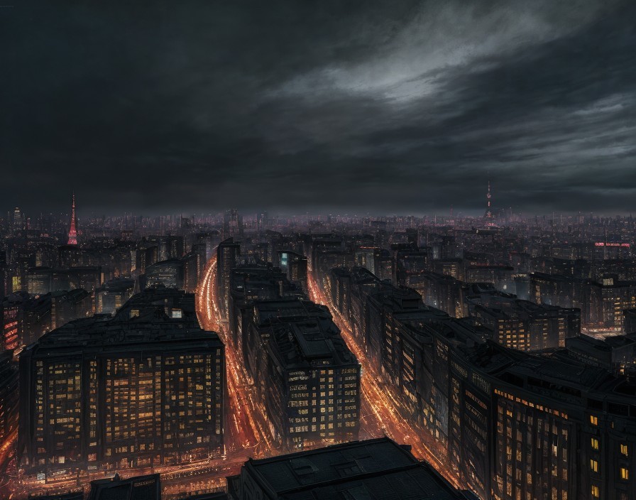 Nighttime cityscape with illuminated streets and dark buildings under a moody sky