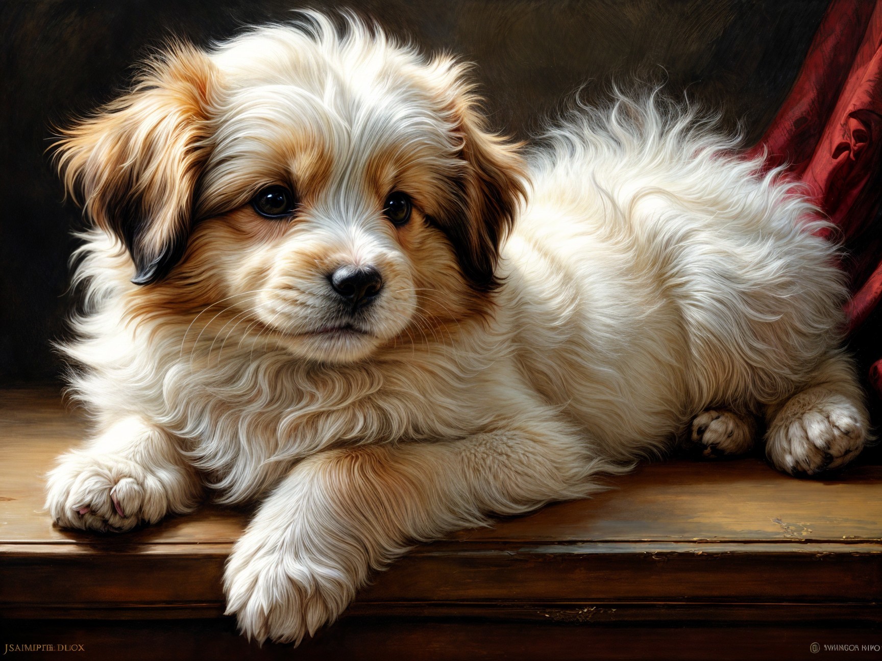Fluffy Golden and White Puppy on Wooden Surface