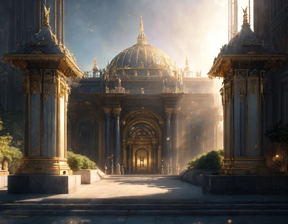 Ornate Fantasy Cathedral with Towering Columns and Dome