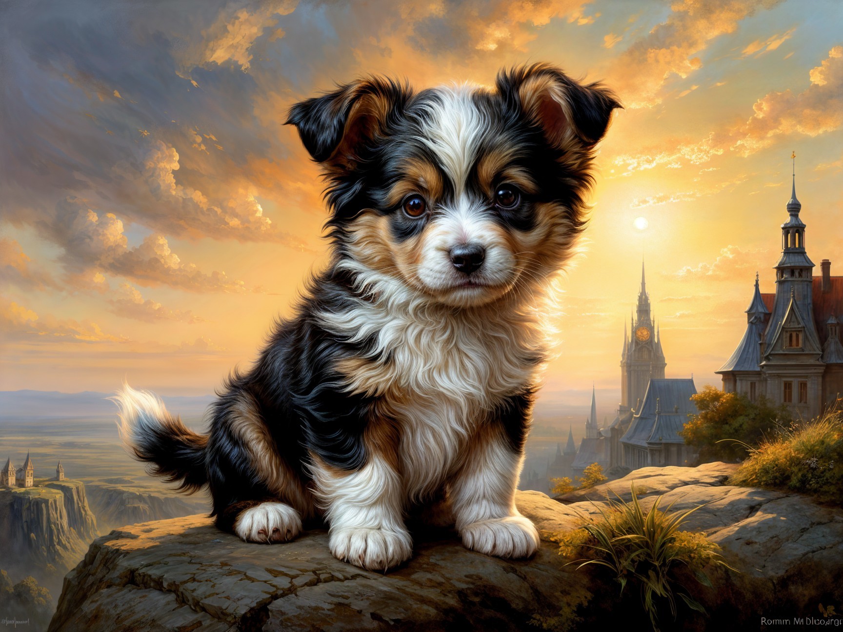 Fluffy Puppy on Rocky Outcrop at Sunset with Castle