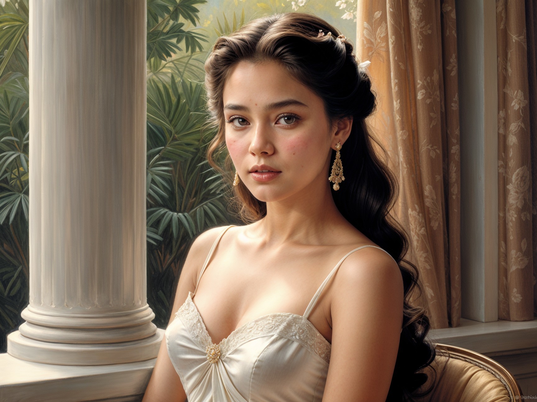 Young Woman in Off-White Gown by Lush Window