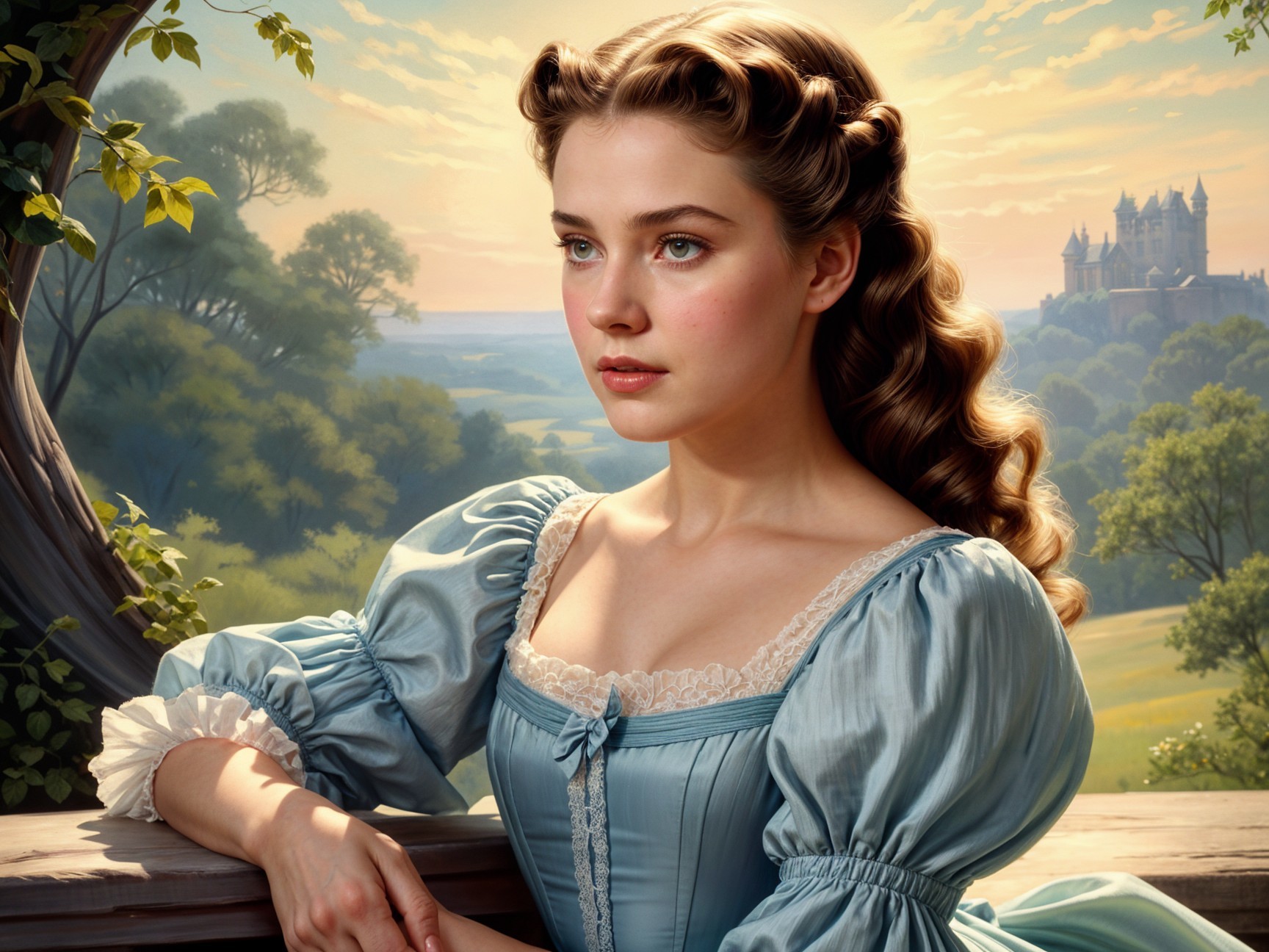 Young woman in blue gown with castle backdrop