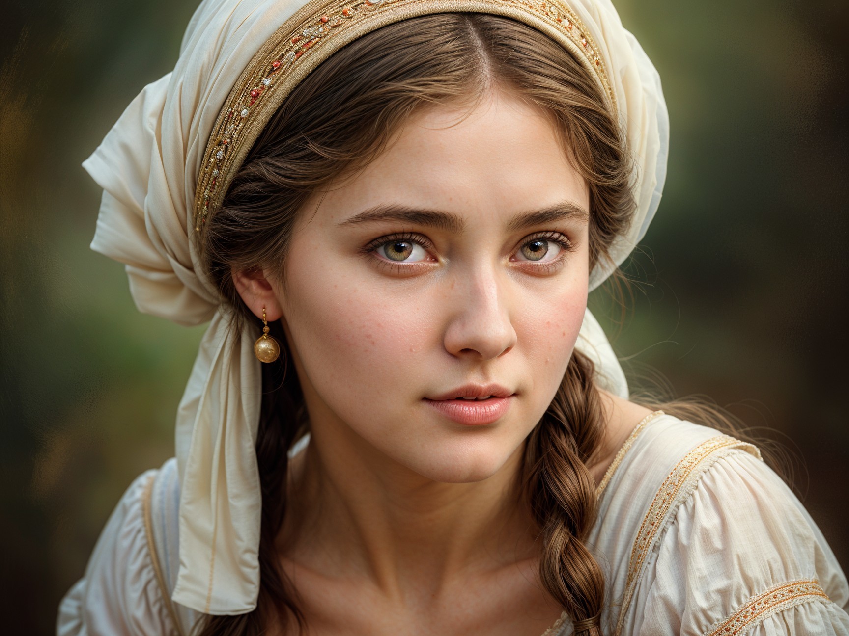 Young woman in headscarf with serene expression