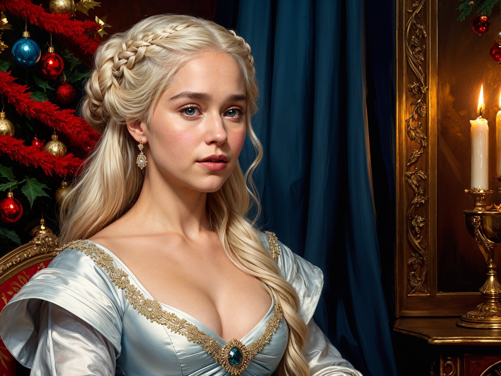 Regal Woman in Elegant Blue Gown with Festive Backdrop