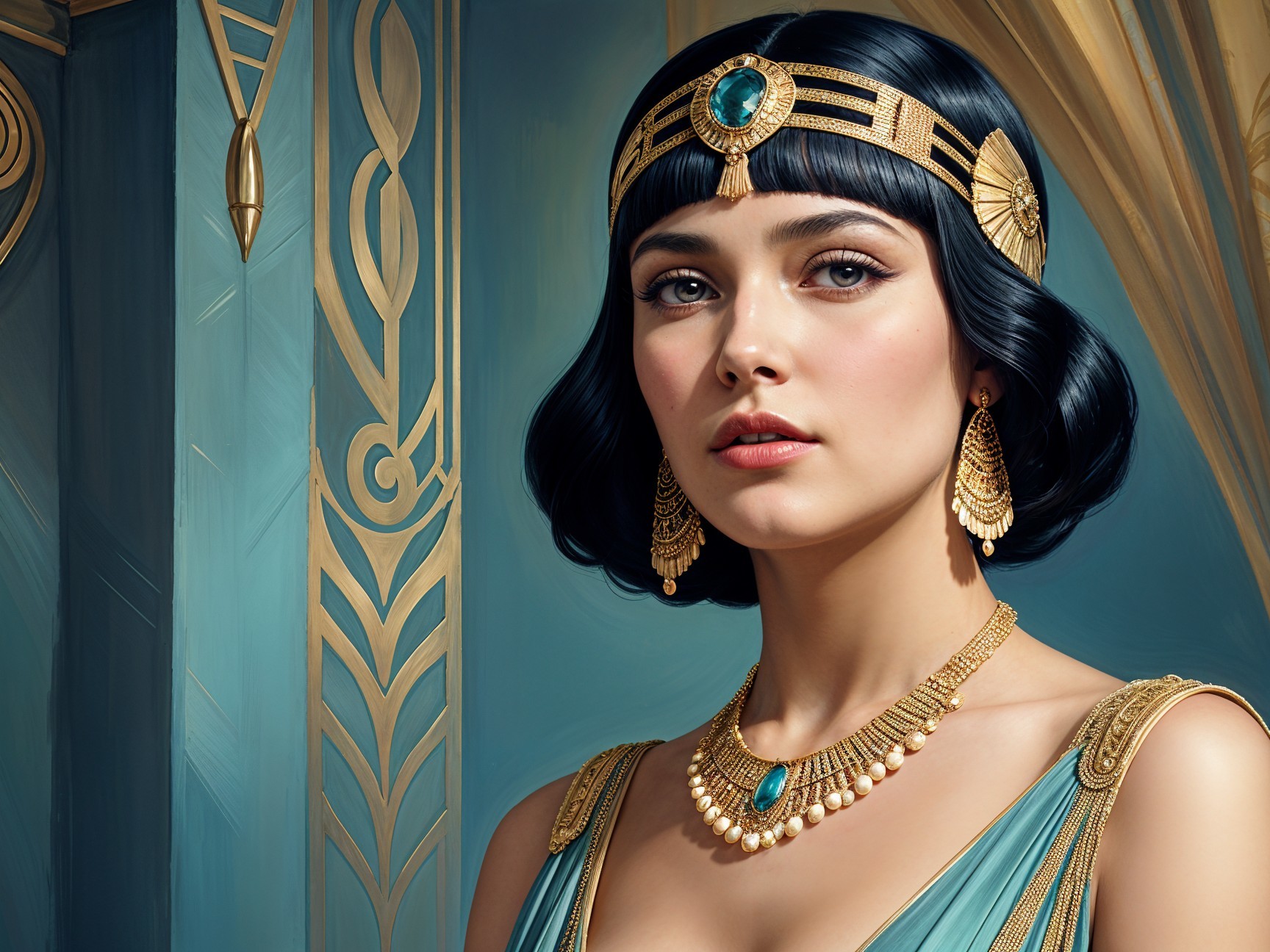 Young Woman in Luxurious Ancient Attire and Jewelry