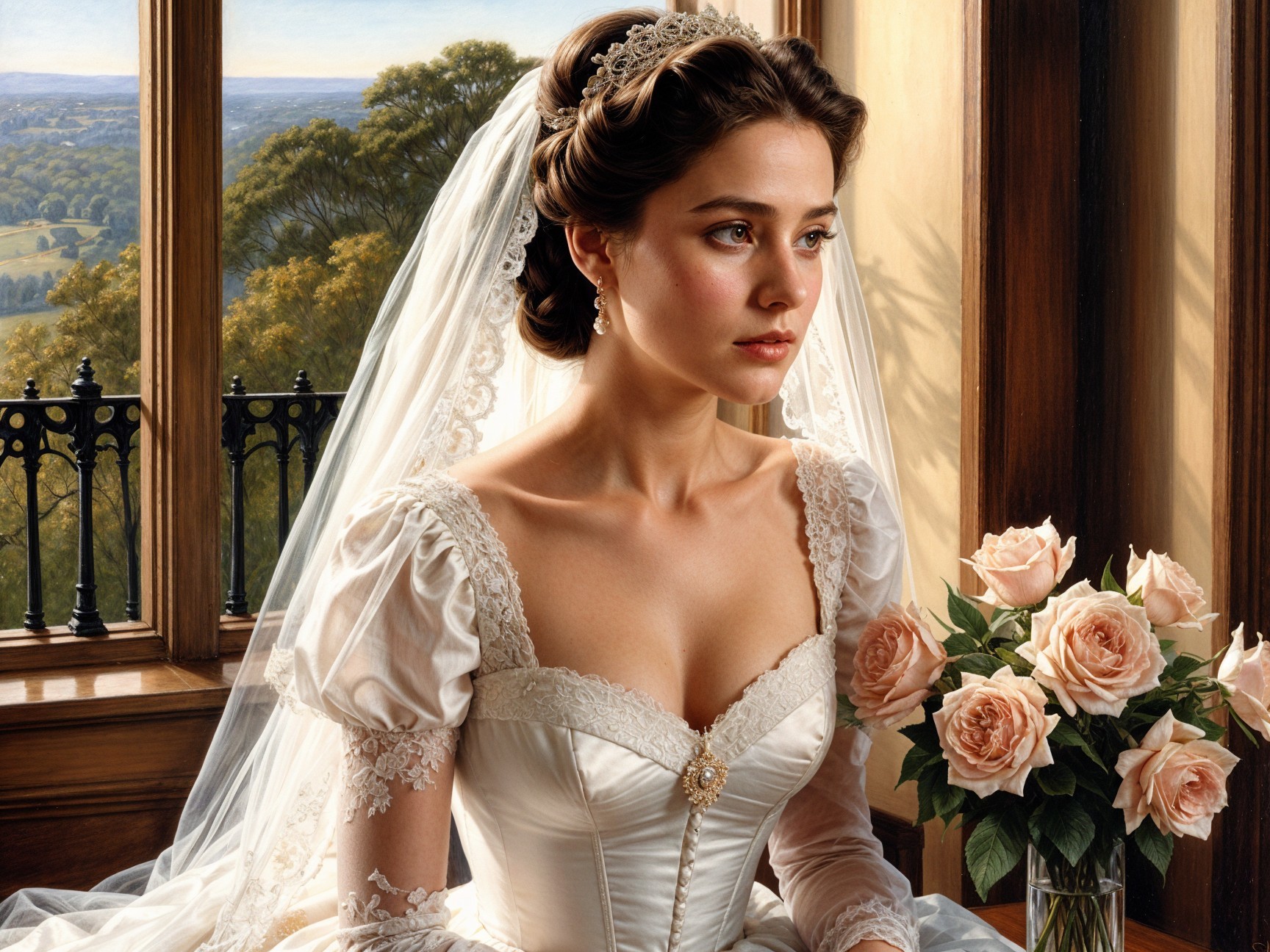 Bride in Elegant White Gown by Window with Bouquet