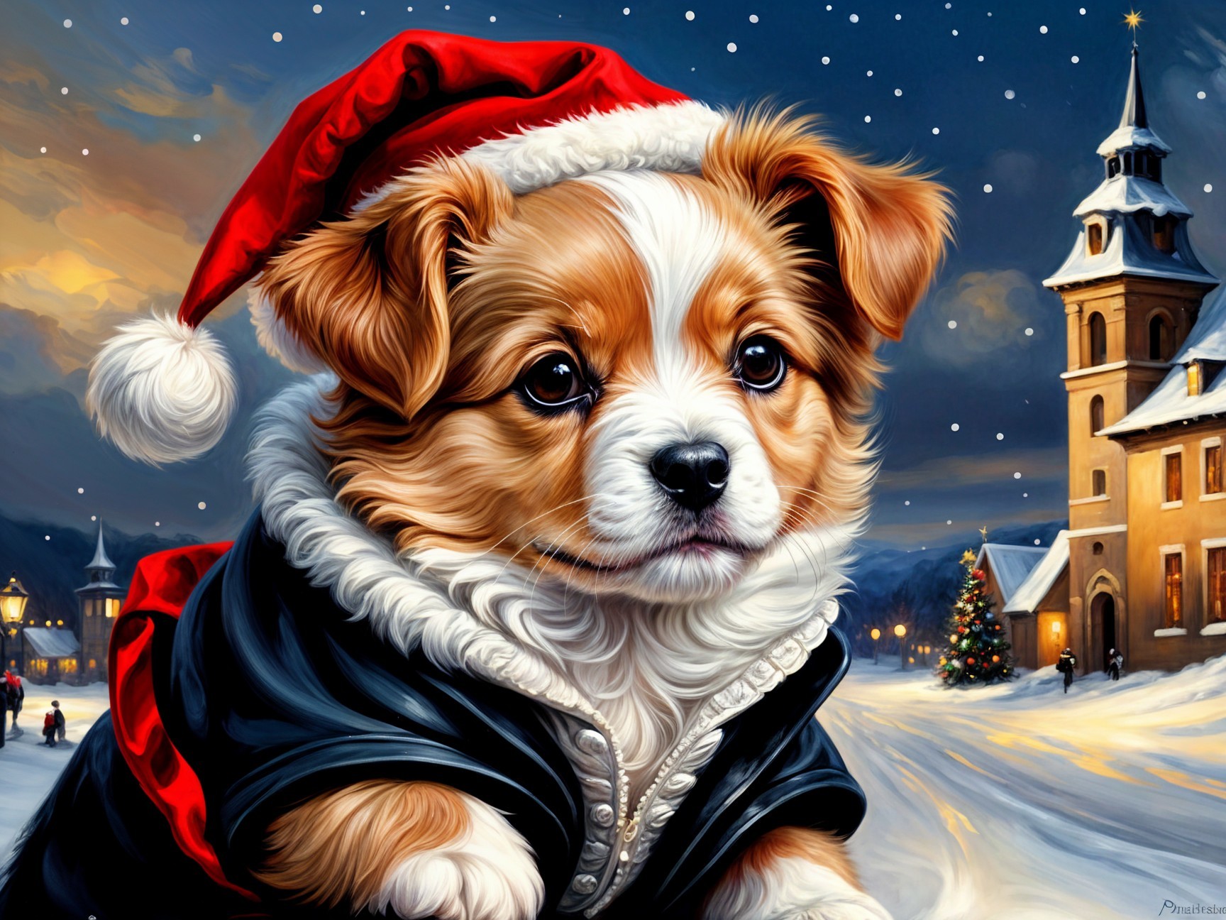 Puppy in Santa Hat Amidst Holiday Decorations