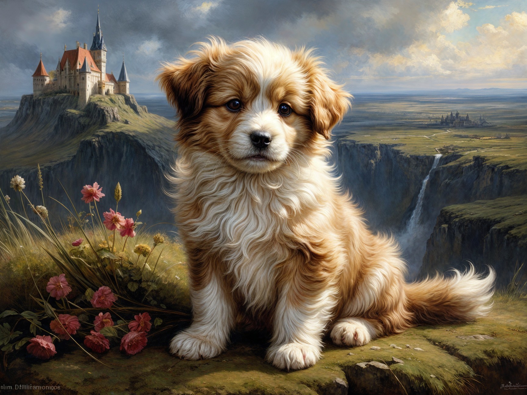 Fluffy Golden-Brown Puppy in Colorful Flower Landscape