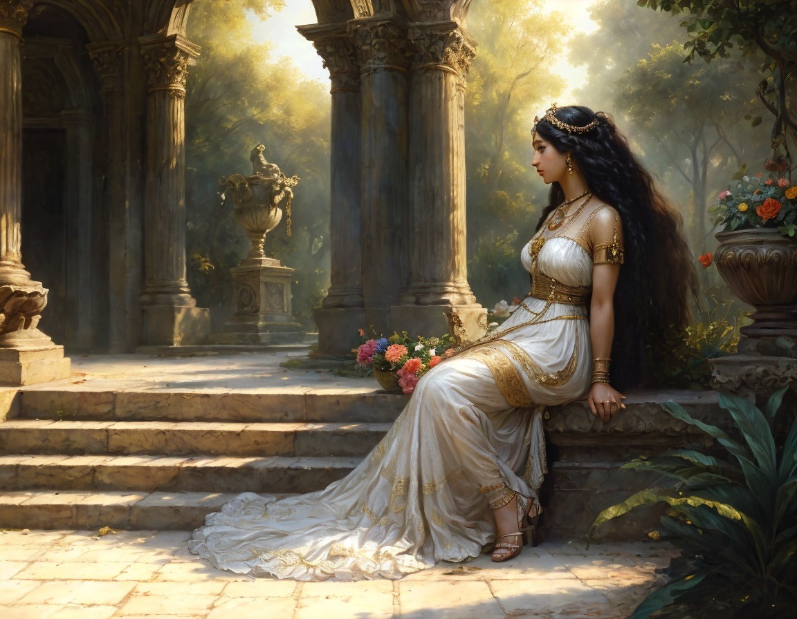Pensive woman in classical attire at ancient ruins with sunlight and statue