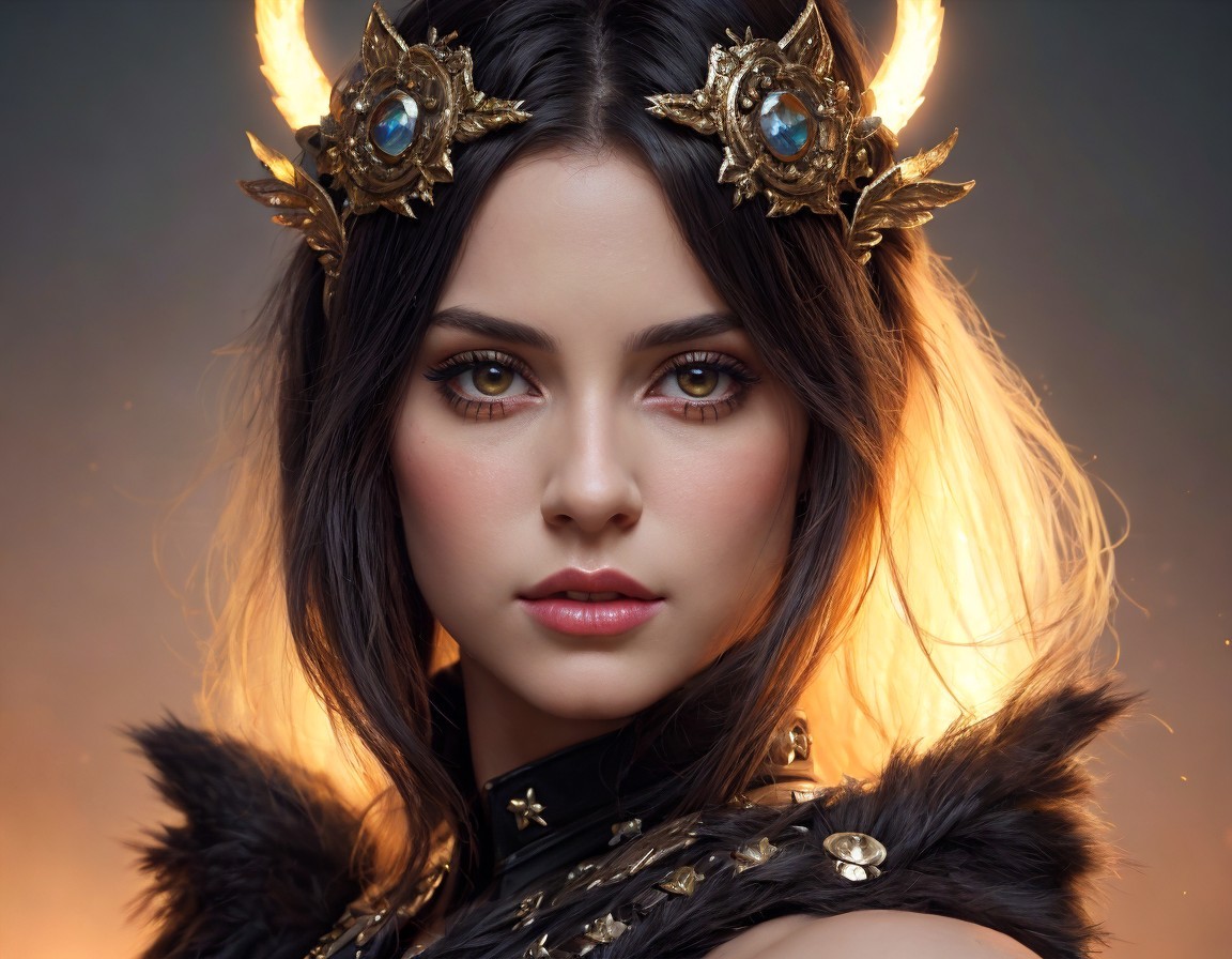 Close-up of a woman with brown eyes and a crown