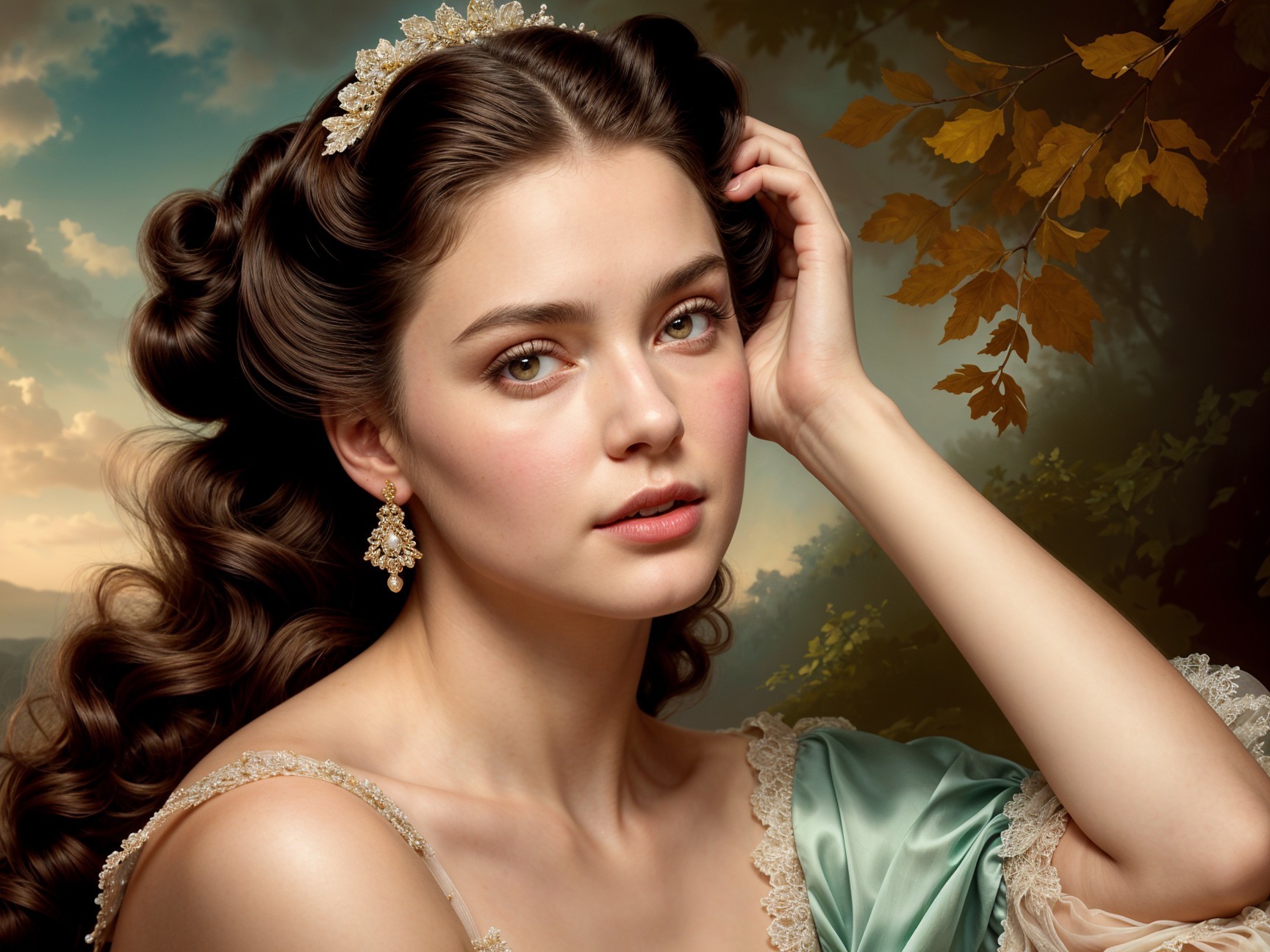 Young woman in aqua gown with curls and serene expression