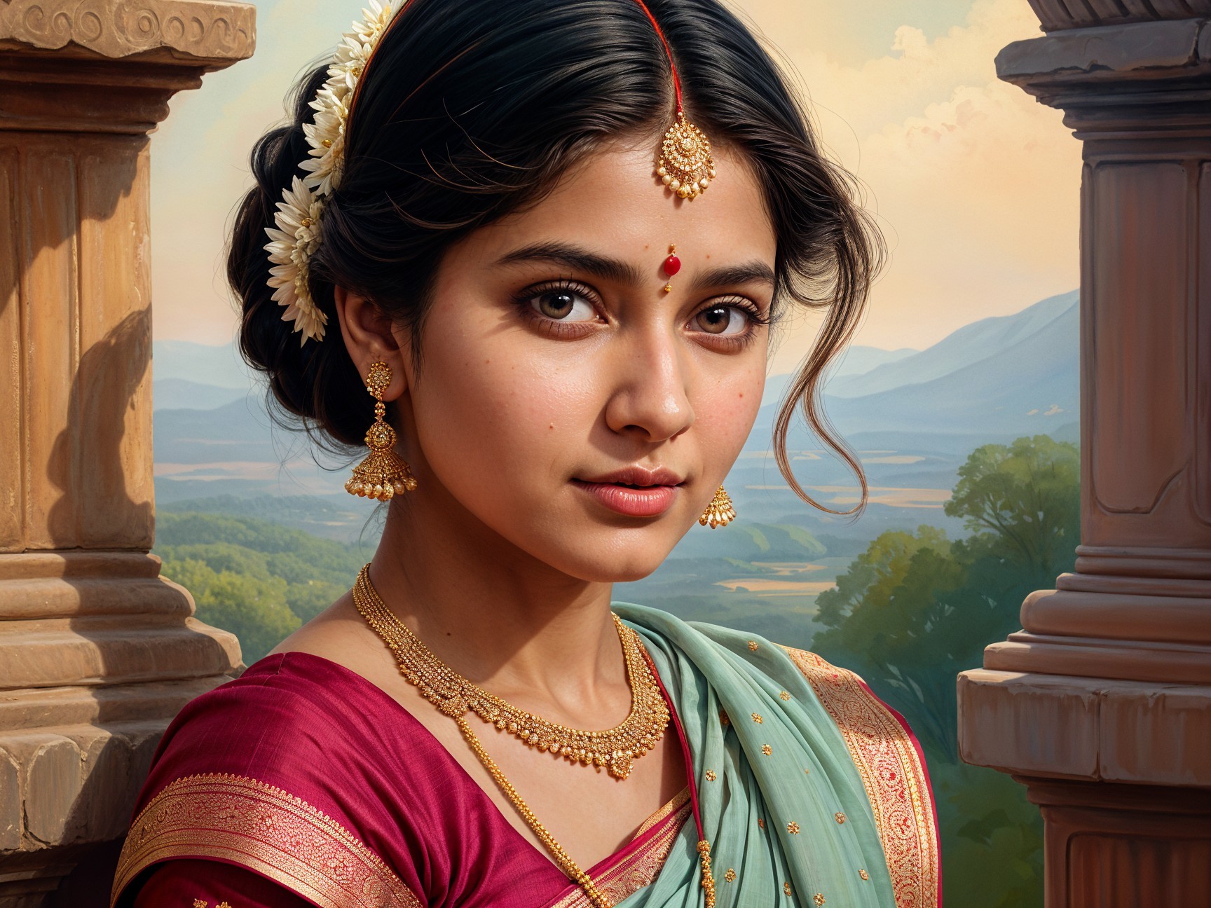 Young Woman in Traditional Indian Saree with Jewelry