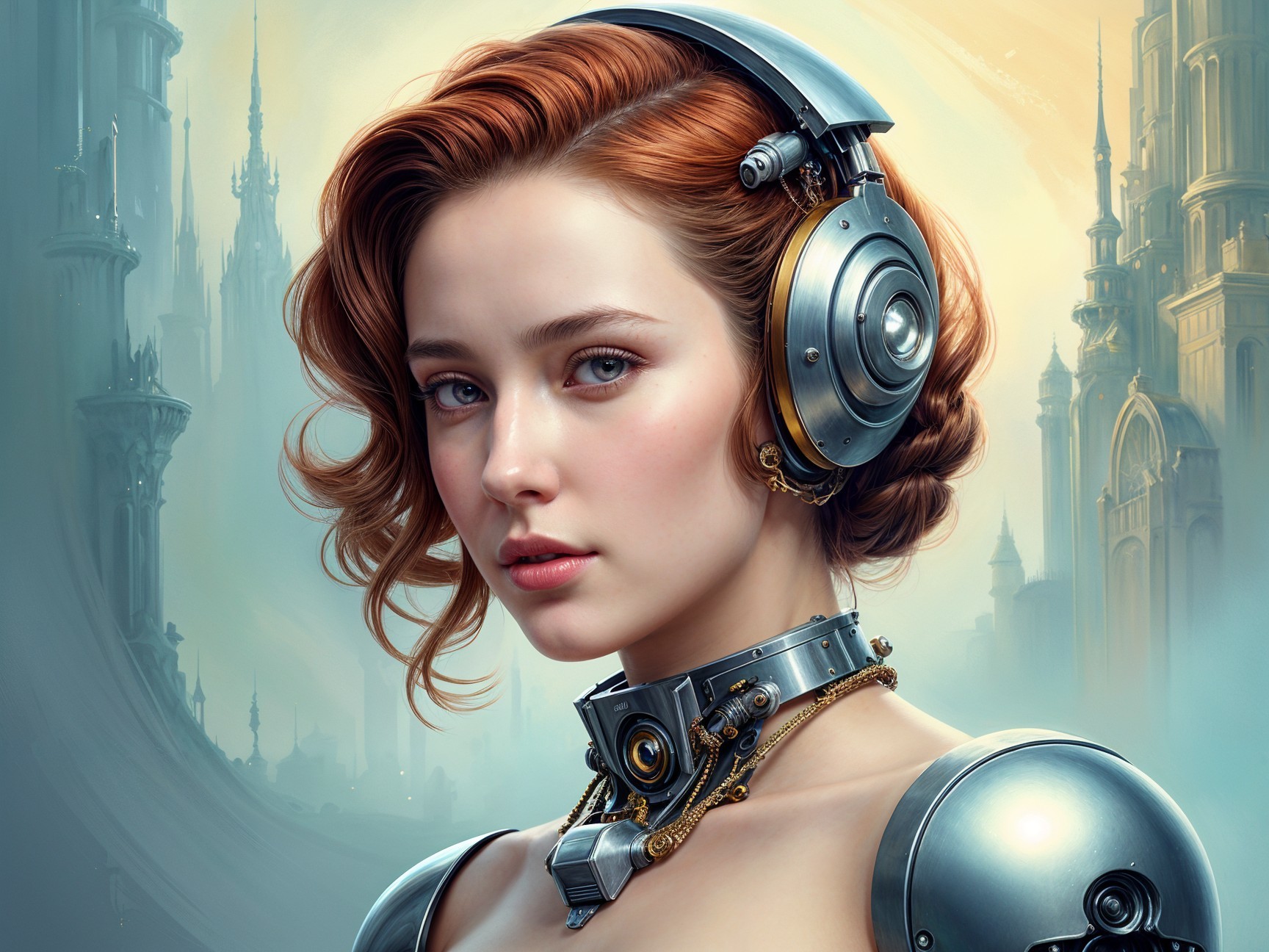 Futuristic Female Figure in Ethereal Cityscape