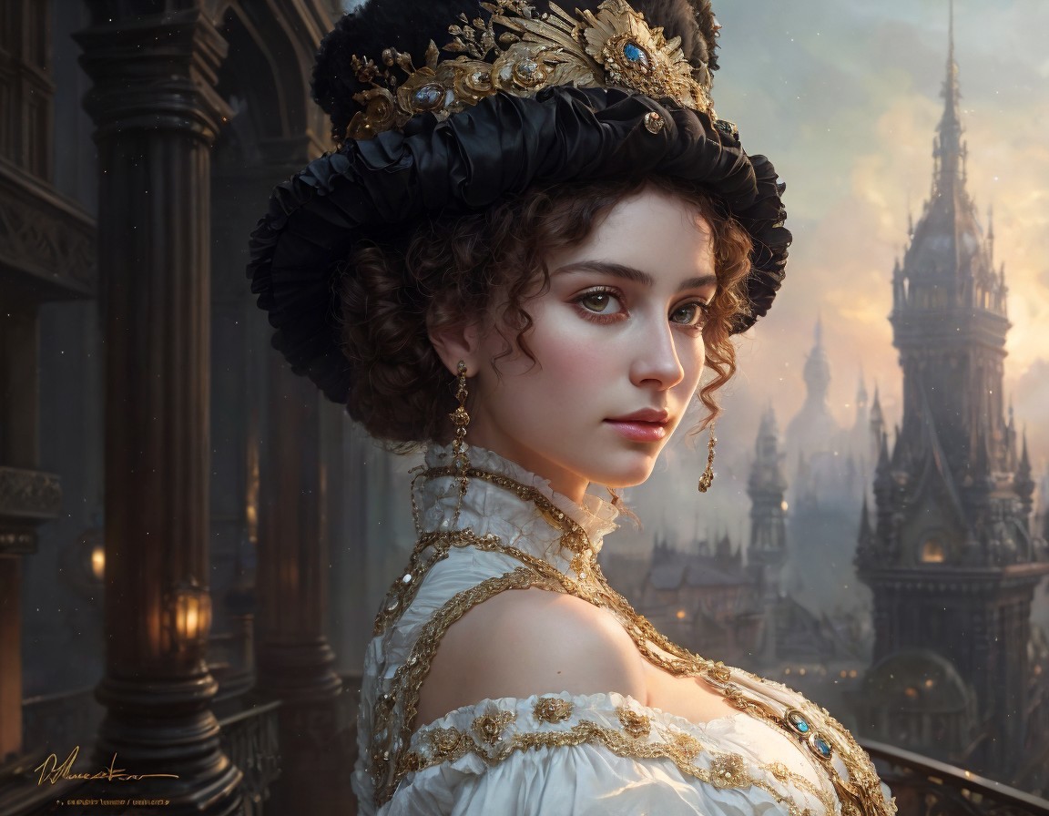 Digital Artwork of Woman in Black and Gold Gown