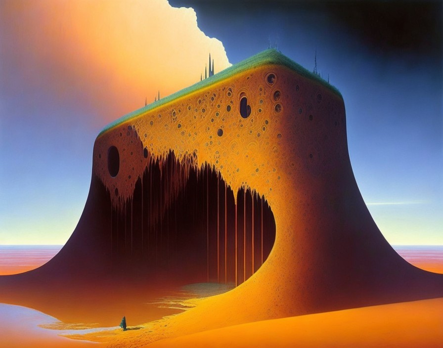Surreal landscape with monolithic structure and lava-like textures