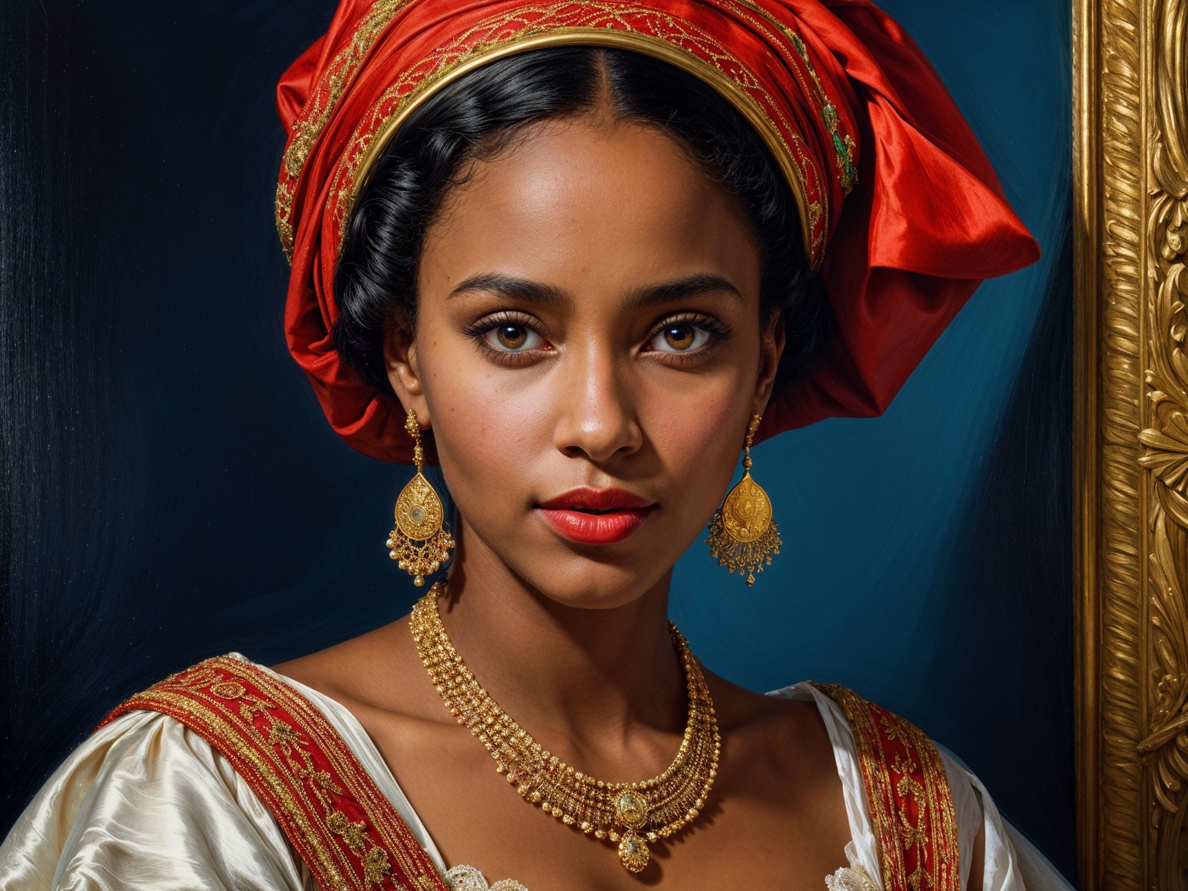 Young Woman in Traditional Red and Gold Attire