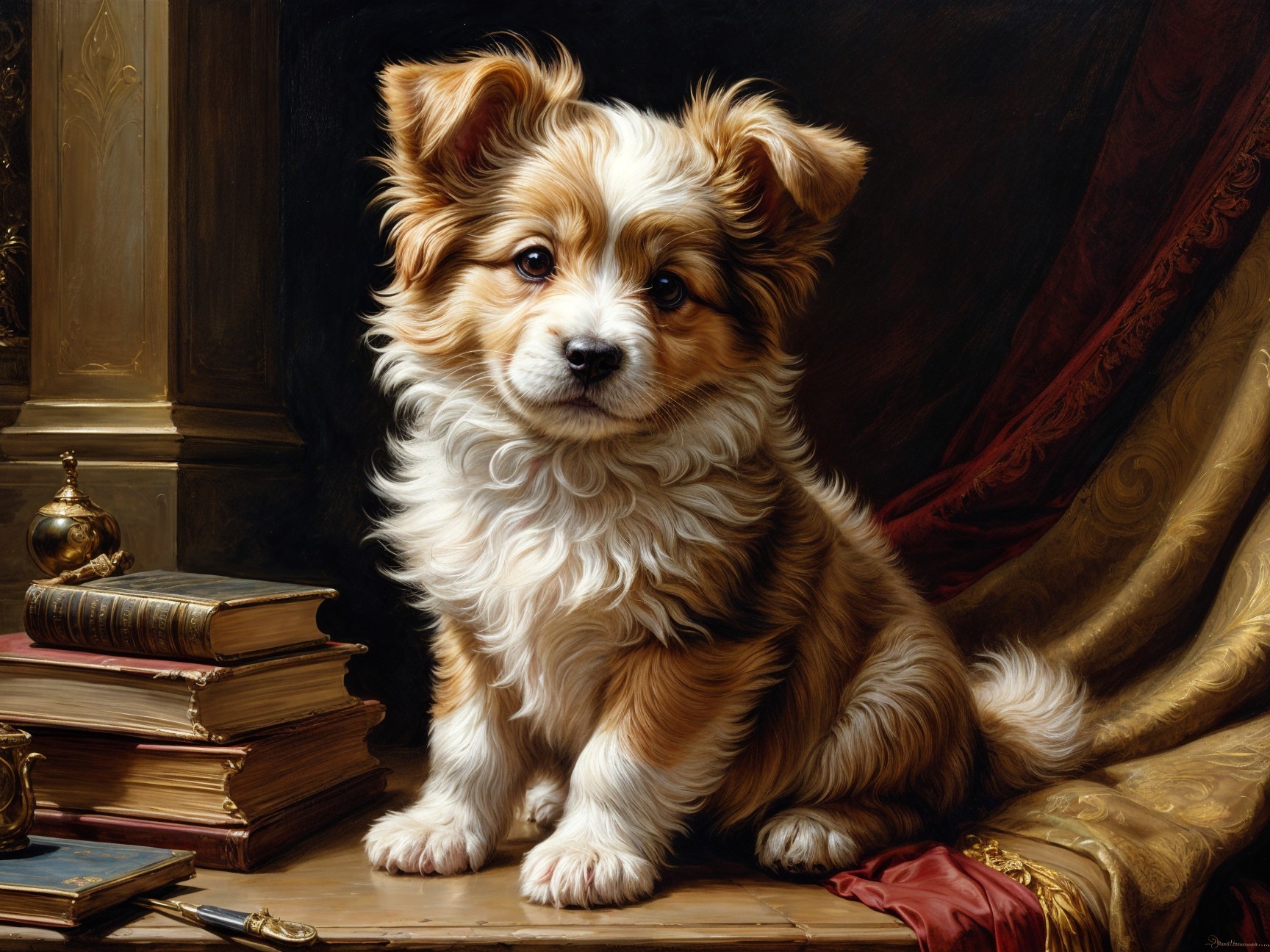 Fluffy Golden and White Puppy in Elegant Setting