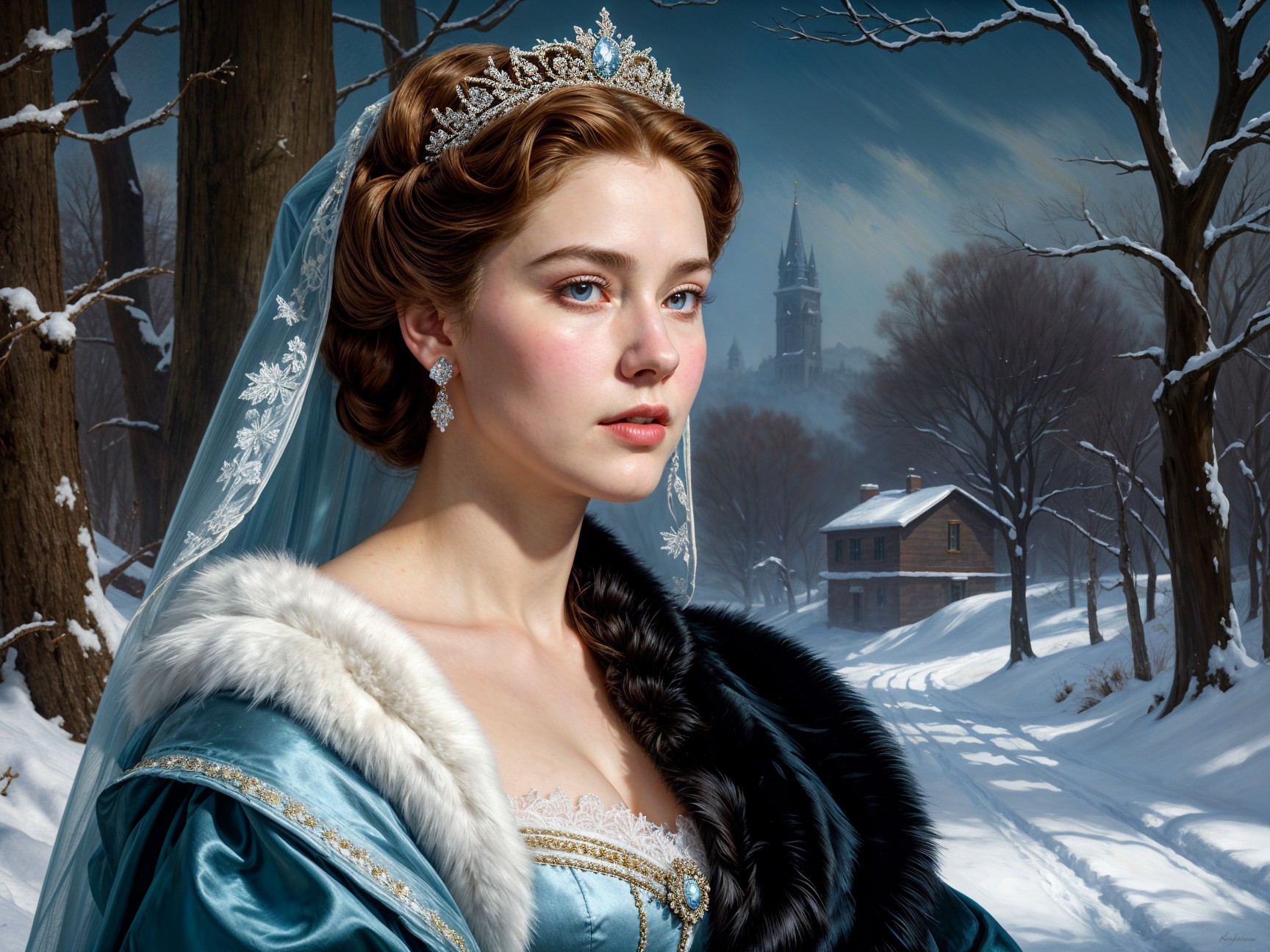 Young Woman in Ice-Blue Gown in Snowy Landscape