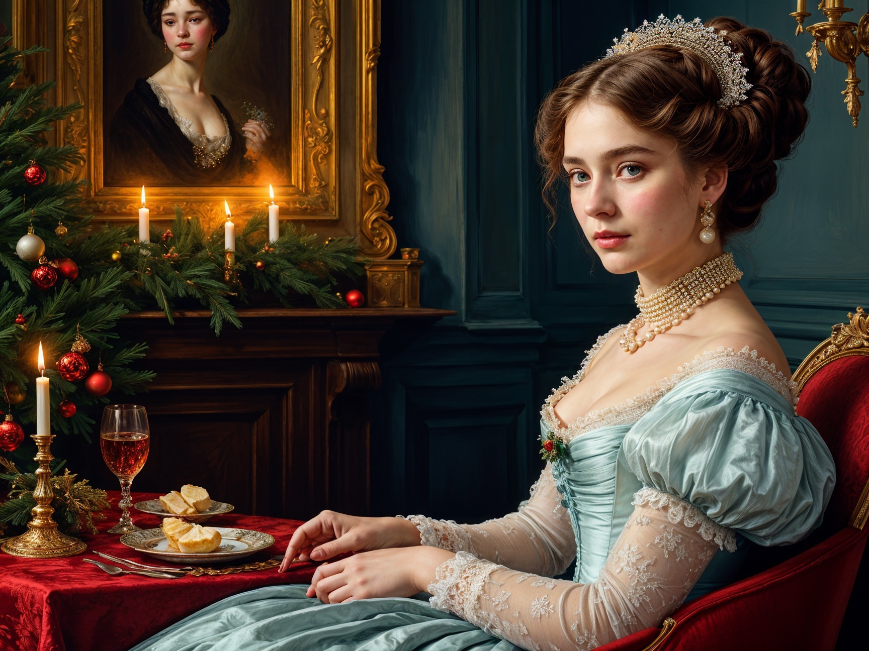 Elegant Room with Young Woman in Blue Gown