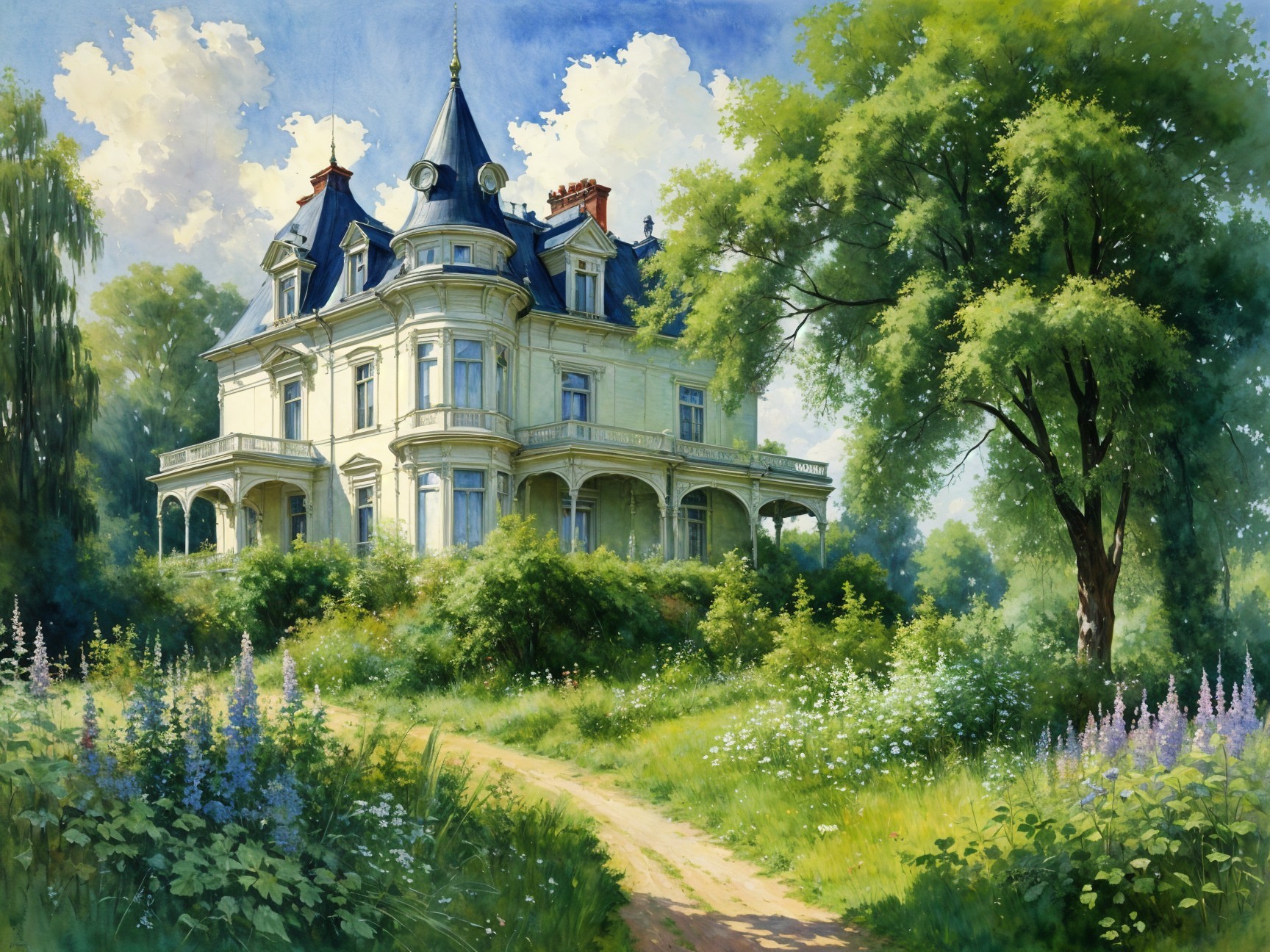 Victorian-style mansion in a vibrant landscape setting