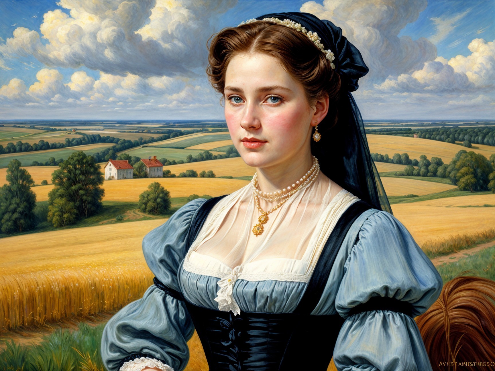 18th-Century Woman in Elegant Blue Dress and Landscape