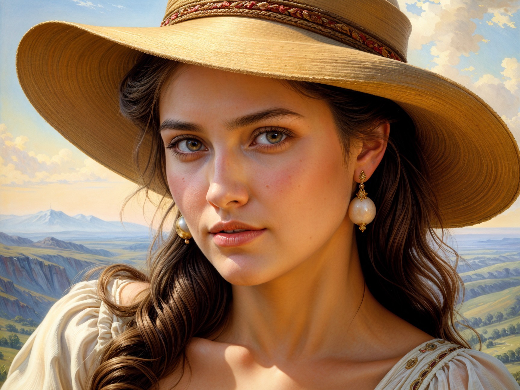 Young woman in straw hat with scenic hills backdrop