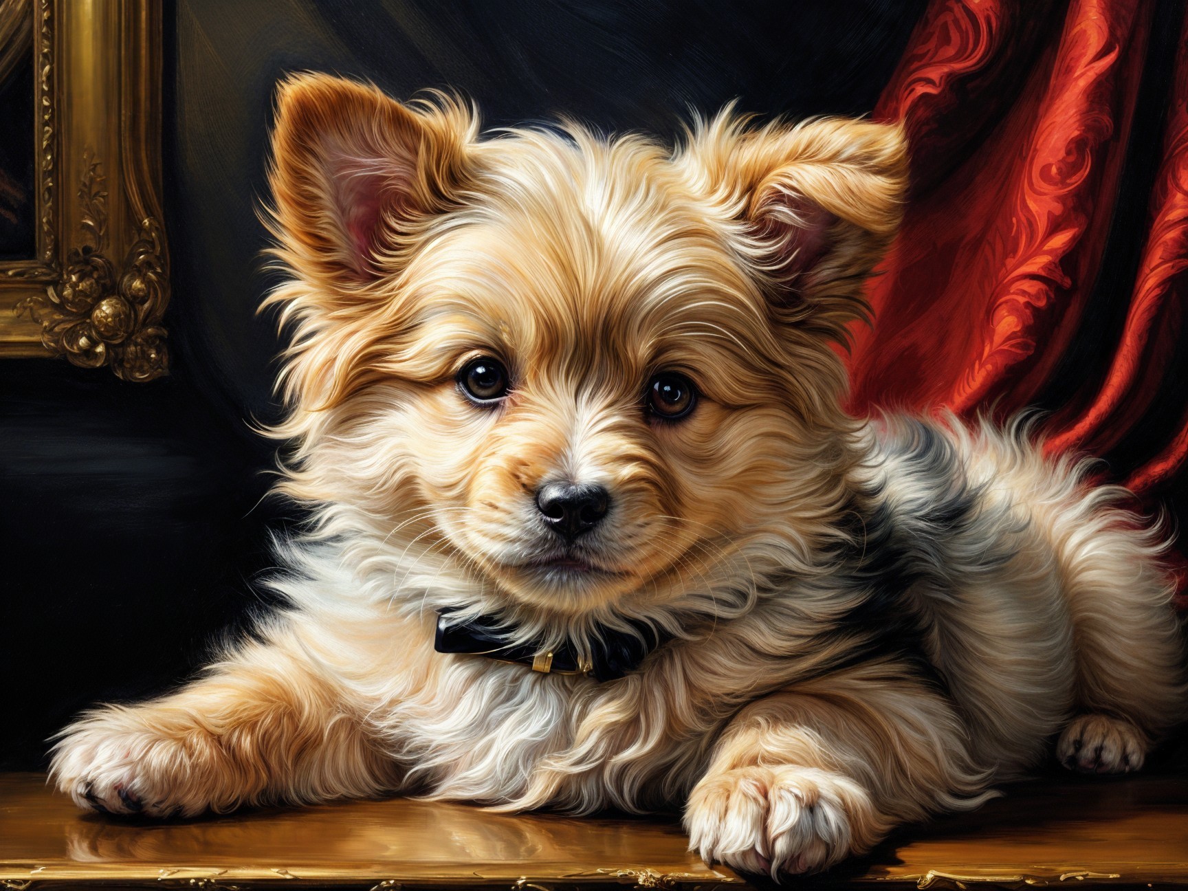 Fluffy Golden Puppy on Decorative Surface with Rich Textures