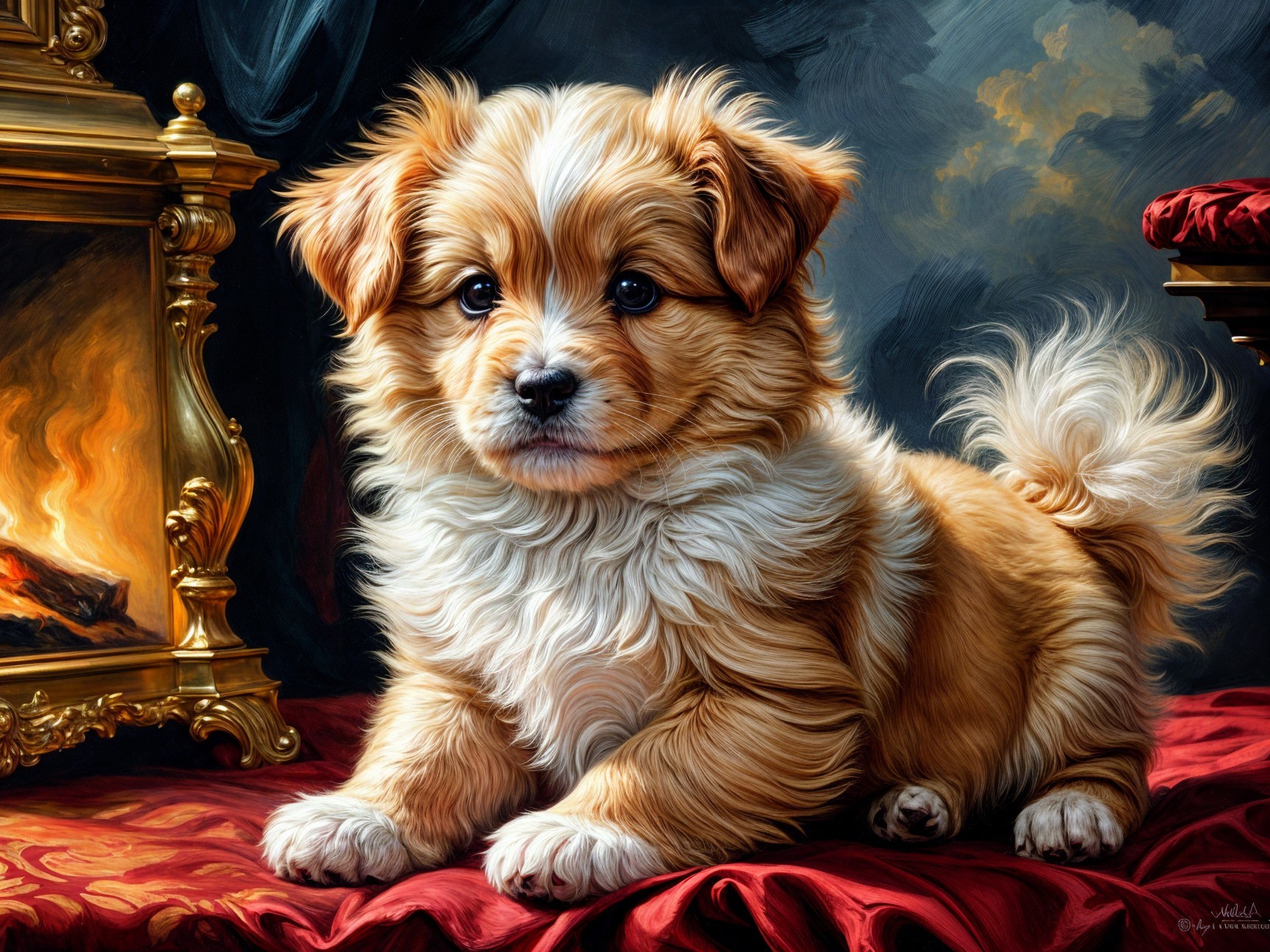 Golden-brown puppy on crimson fabric by a fireplace