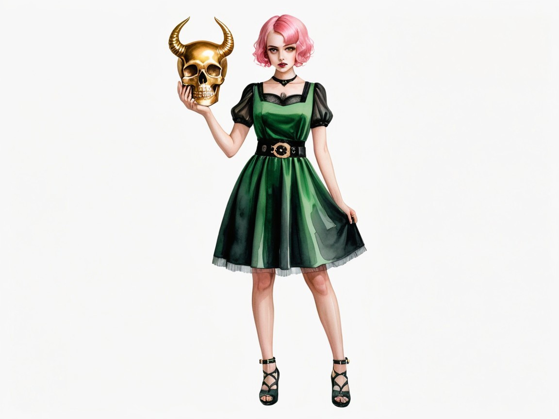 Watercolor Painting of Young Woman in Gothic Dress