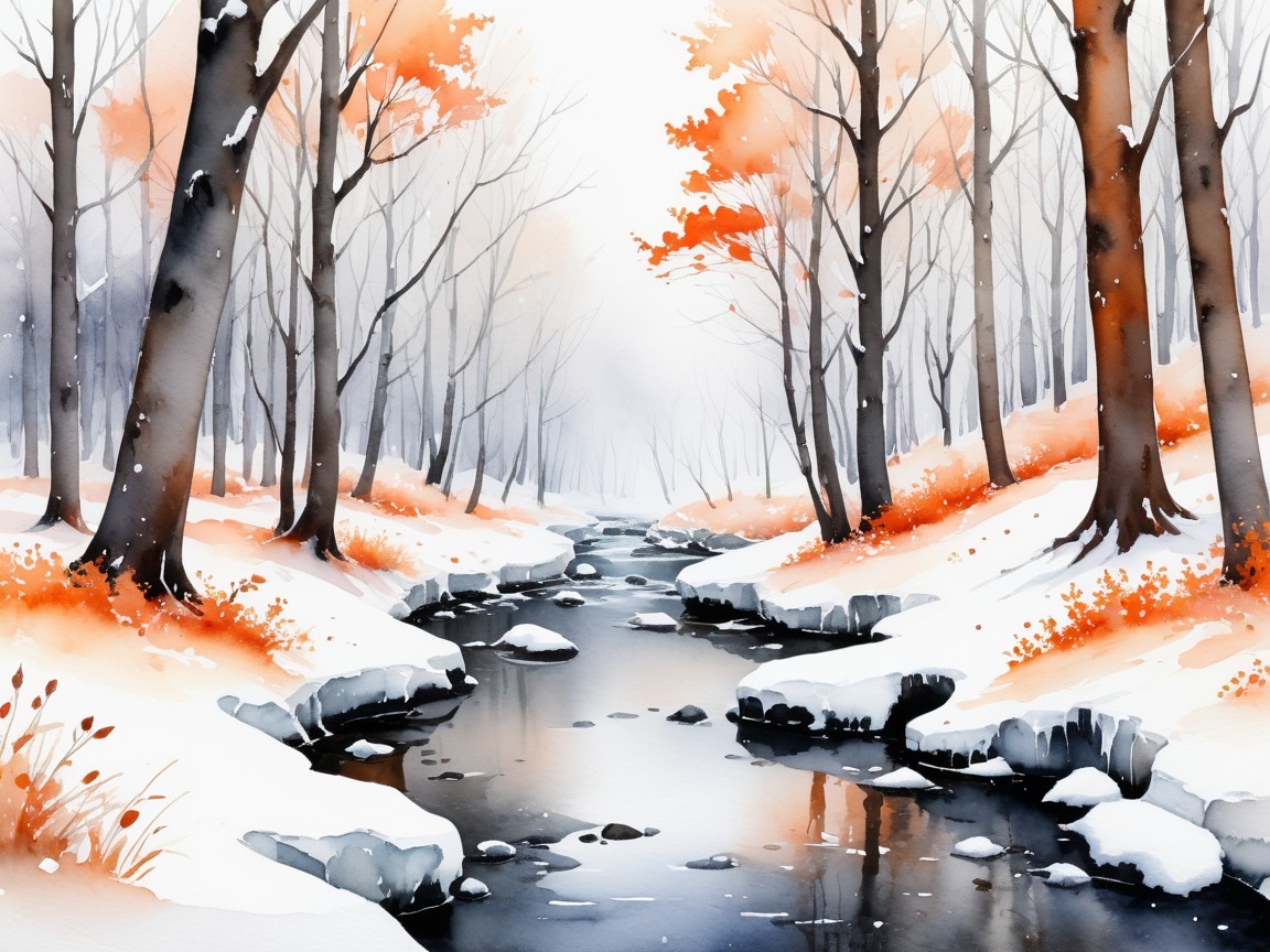 Watercolor Winter Forest with River and Snow Scene