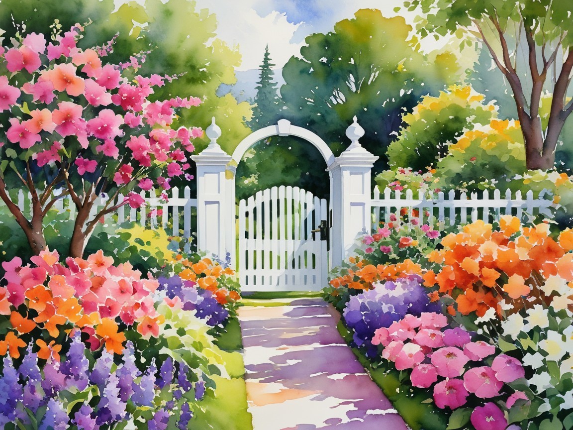 Vibrant Garden with Colorful Flowers and Picket Fence