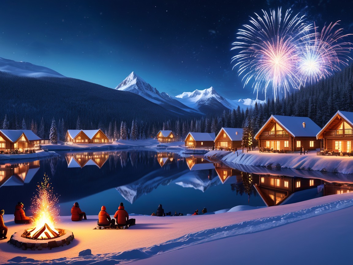 Winter Wonderland Campfire Scene by a Calm Lake
