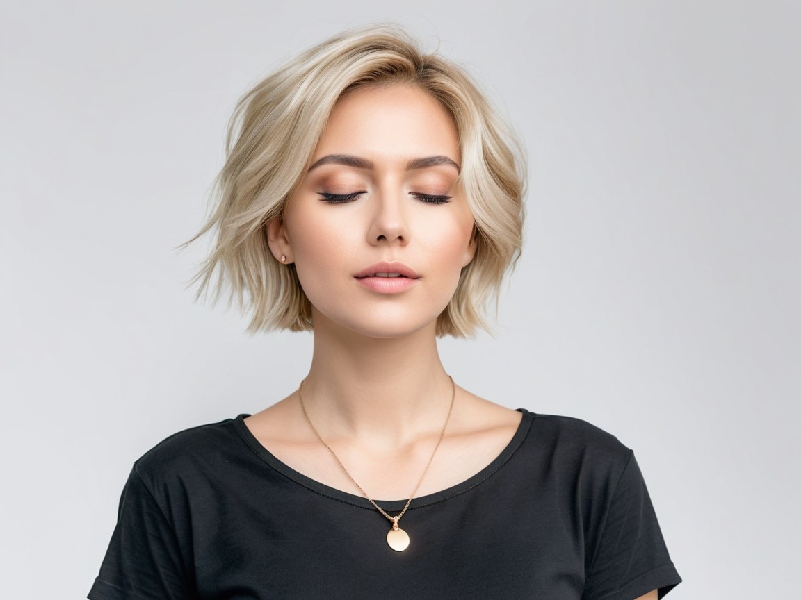 Woman with Short Blonde Hair in Serene Setting