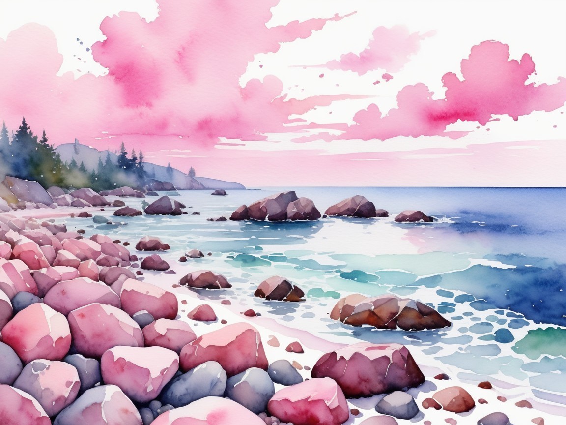 Watercolor Coastal Scene with Rocky Shoreline and Sky