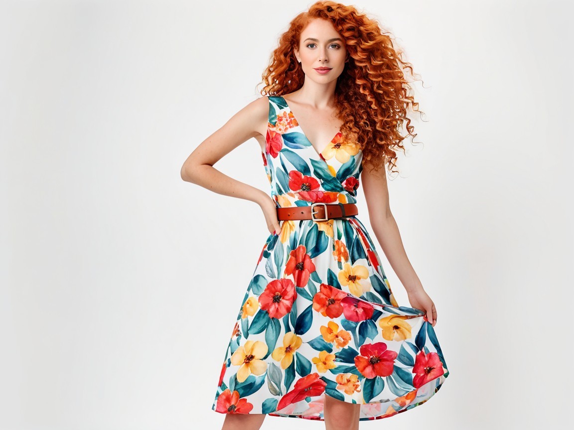 Vibrant Floral Dress with Tropical Motifs and Accessories