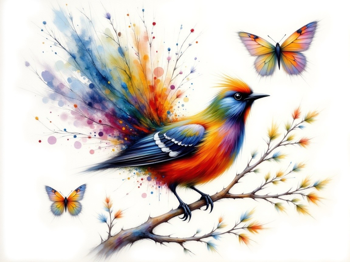 Colorful Bird on Branch with Butterflies and Abstract Background