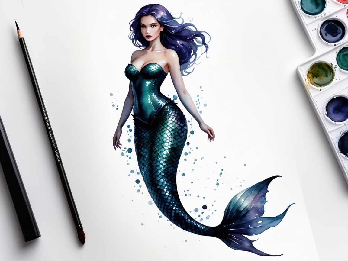 Illustrated Mermaid with Colorful Scales and Tail