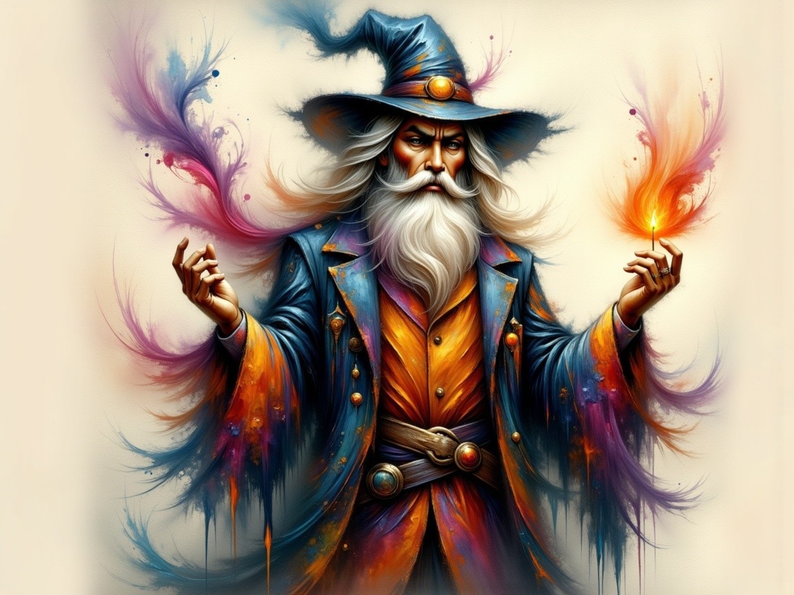 Majestic wizard in vibrant robe with magical aura