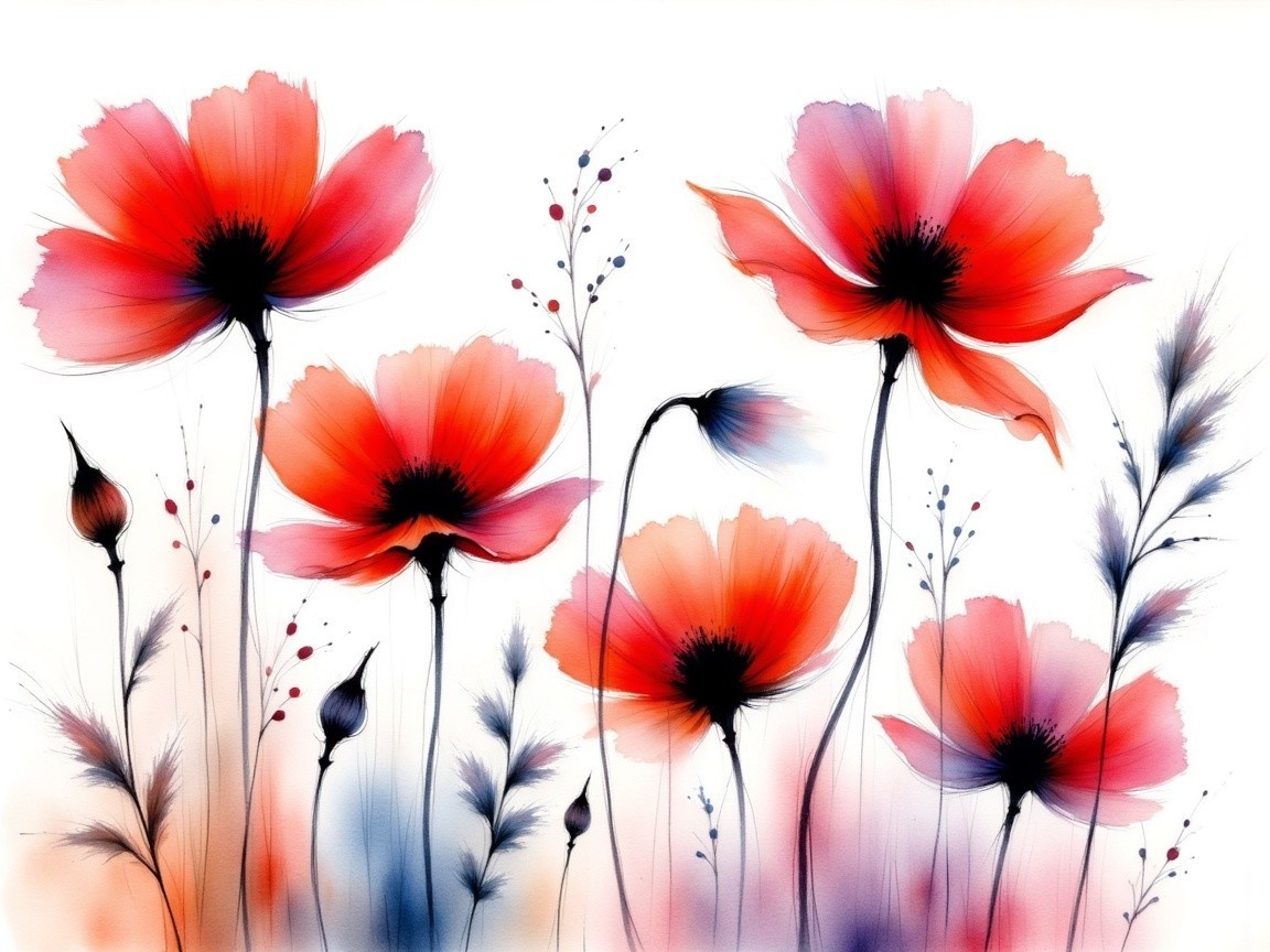 Vibrant Floral Composition with Red Poppies and Grasses