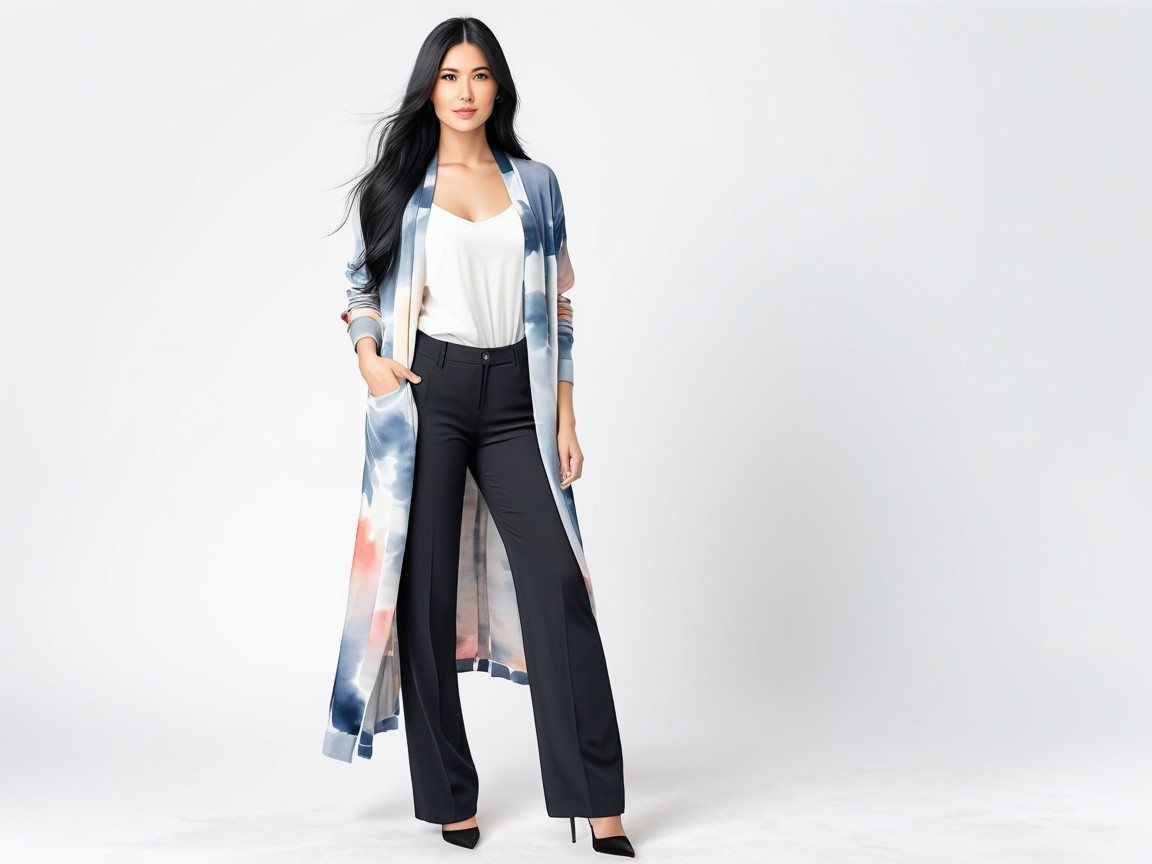 Elegant Woman in Tie-Dye Cardigan and Black Trousers