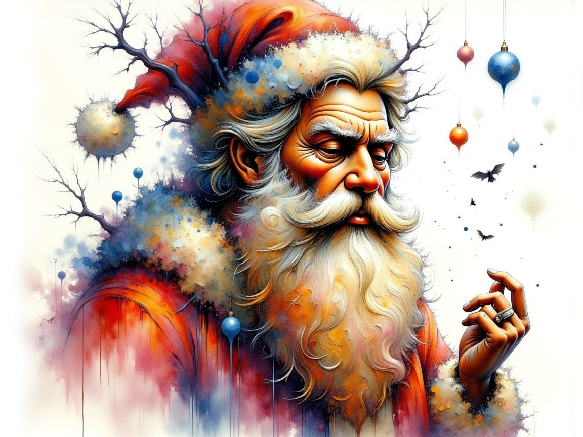Artistic Santa Claus with Detailed Beard and Whimsical Background