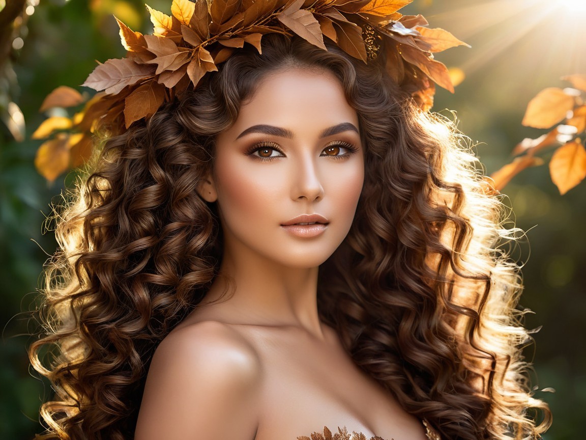Young Woman with Curly Hair and Autumn Leaves