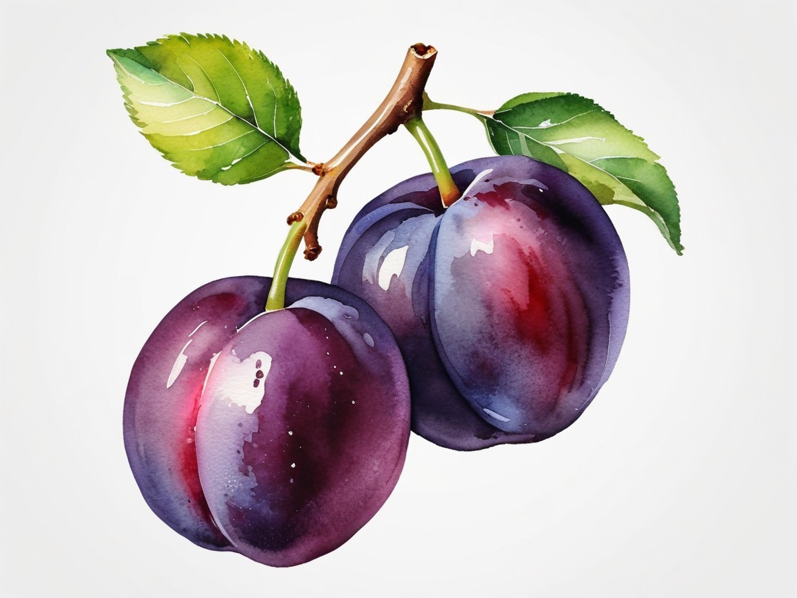 Watercolor Illustration of Ripe Plums on a Branch