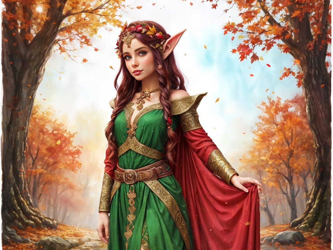 Majestic elf in autumn forest with golden gown