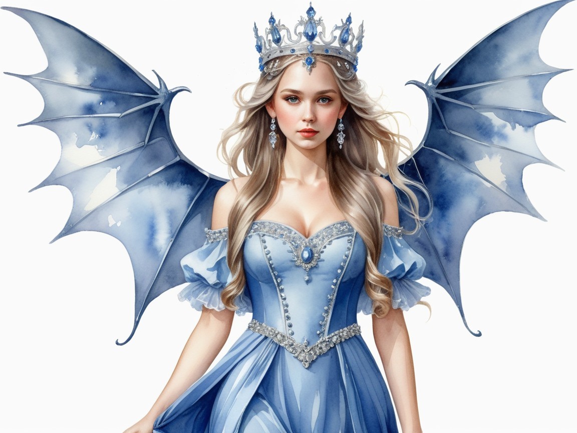 Fantasy Figure in Blue Gown with Dragon Wings